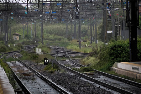 railroad train under the rain detail close upの写真素材