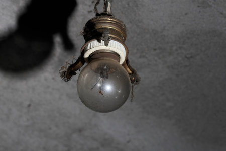 An old light bulb hanging from ceilingの写真素材