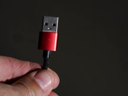 hand holding a red usb plug detailの写真素材