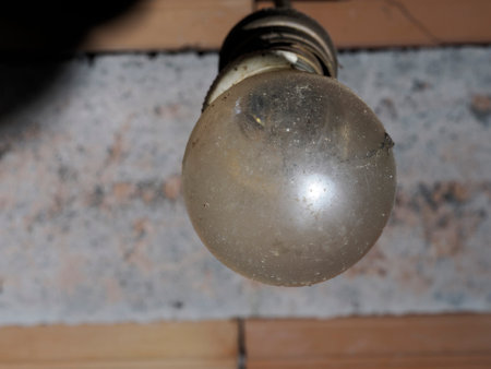 An old light bulb hanging from ceilingの写真素材