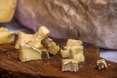detail of french cheese in provence france street marketの写真素材