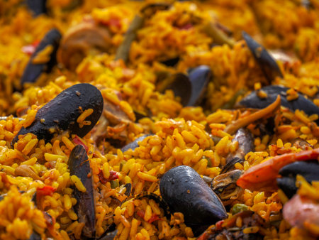A Rice Paella with seafood fish in provence market detailの写真素材