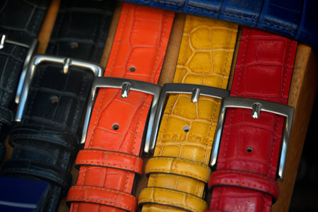 Colorful leather belt in a shop window, fashion luxury detailの写真素材