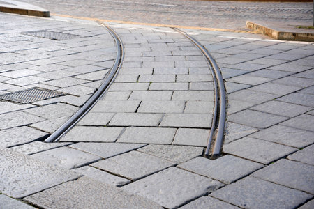 turin tram rail going nowhere detailの写真素材