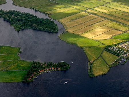 The Kaaghuis lake netherland Kagerplassen near Leiden aerial view panorama from airplane before landing to Amsterdam Schipol airportの写真素材