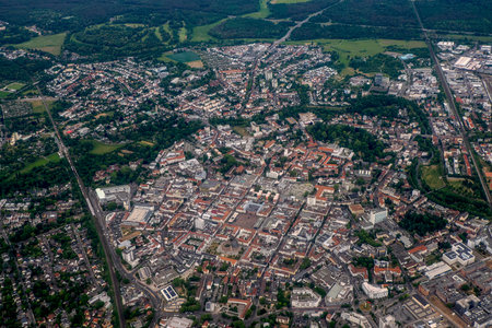 City of Hanau Germany aerial panorama landscape at sunset from airplane before landing to Frankfurt airportの写真素材