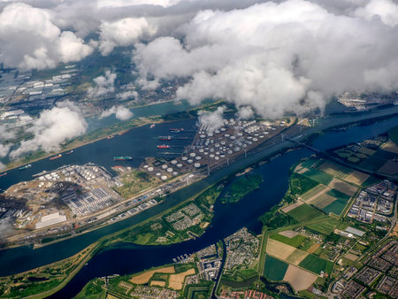 Rotterdam Harbor depots aerial view panorama landscape from airplane while lending to Amsterdam Schipol airportの写真素材