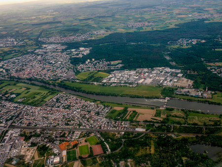 City of Hanau Germany aerial panorama landscape at sunset from airplane before landing to Frankfurt airportの写真素材