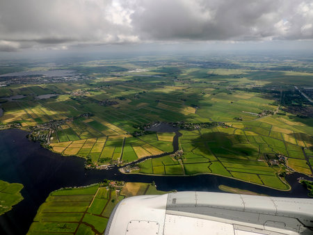 The Kaaghuis lake netherland Kagerplassen near Leiden aerial view panorama from airplane before landing to Amsterdam Schipol airportの写真素材