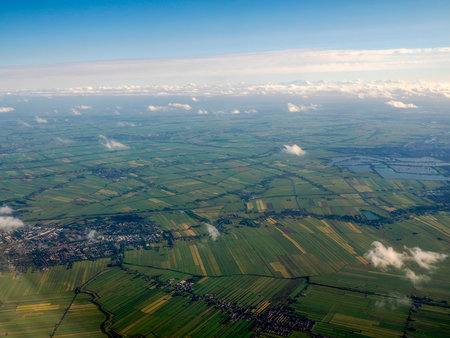 Holland Netherland farmed fields aerial panoramaの写真素材