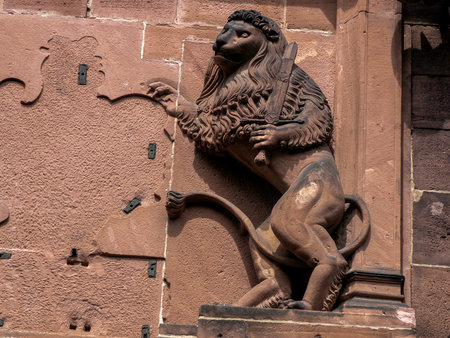 Lion statue in entrance gate of Detail of Ancient Heidelberg medieval castle in Germanyの写真素材