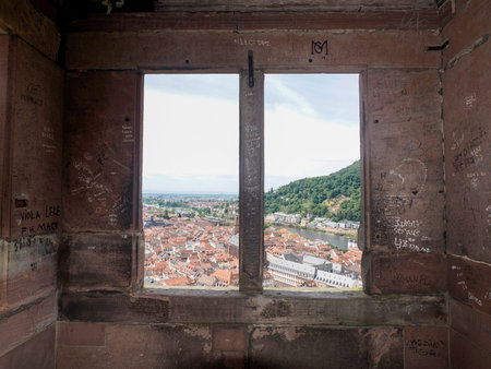 An Aerial Town view panorama cityscape from Ancient Heidelberg medieval castle in Germanyの写真素材