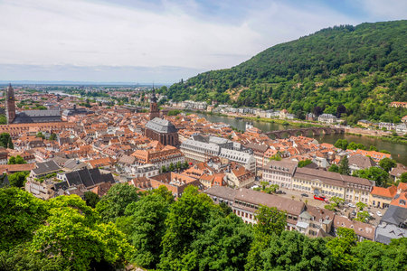 An Aerial Town view panorama cityscape from Ancient Heidelberg medieval castle in Germanyの写真素材
