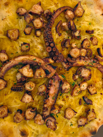 An Octopus pizza with potatoes detailの写真素材