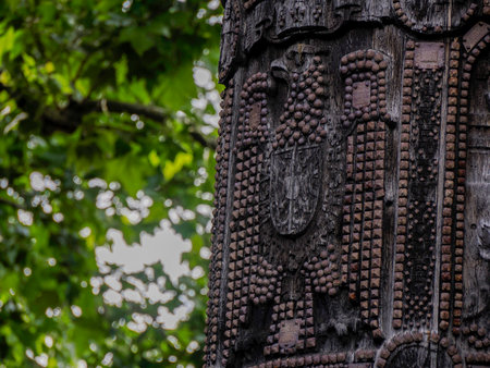 The Nagelsaule wood column in Mainz Germany, detail close up erected during World War I as part of a...