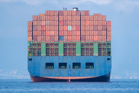A Big enormous container ship on the sea in front of the coast and harbor entrance, back view from water surfaceの写真素材