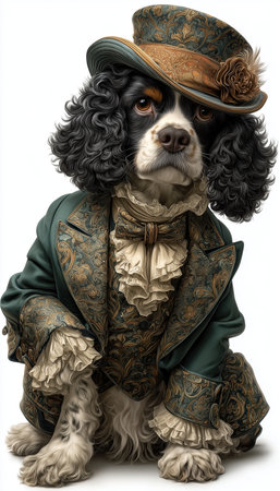 Cocker spaniel dog As Anthropomorphic animal dressed in victorian era clothing illustration, standing on back legs like human, isolated on white backrgoundの素材