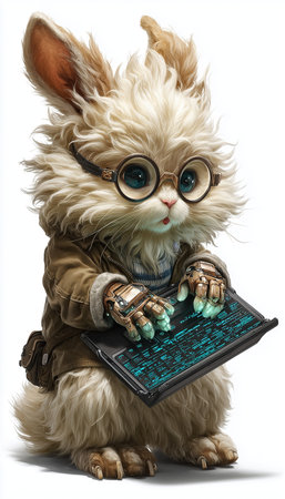 A Nerd with laptop computer fluffy imaginative companion mix between cute kitten and a rabbit, with the incredible sweet eyes of a kittens and the long marvelous ears of a rabbitの素材