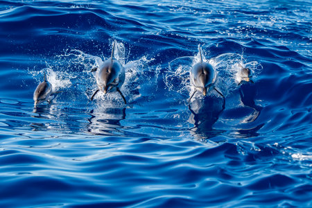 A striped dolphin family mother and newborn calf jumping in the blue seaの写真素材