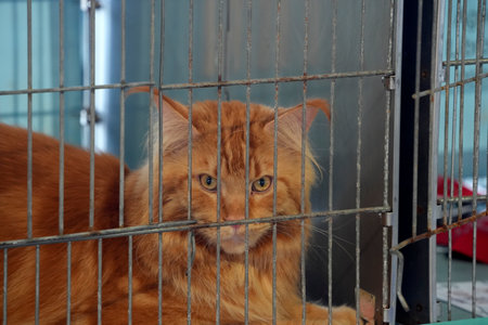 A Maine Coon Cute cat close up portrait inside a cageの写真素材