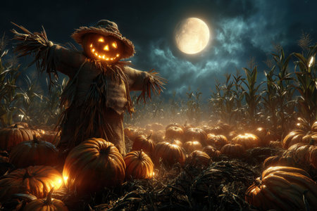 Halloween wide American cornfield under a full moon, friendly-looking scarecrow surrounded by glowing pumpkinsの素材