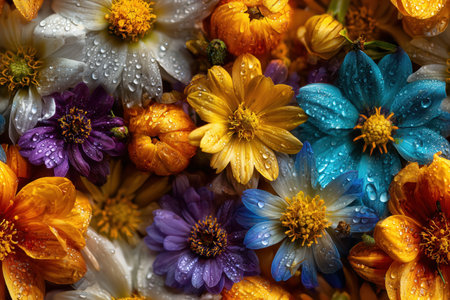 A Seamless pattern of lush botanical still life, blooming wildflowers in soft daylight dewdrops on petals uplifting atmosphereの素材