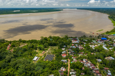 puerto narino amazonas aerial panorama landscape of amazon river and river boats houses colombiaの写真素材