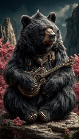 A bear playing guitar on mountain background in spring seasonの素材