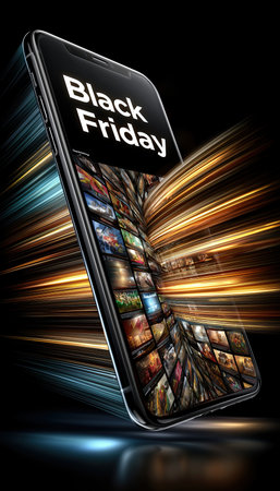 Black friday shopping mania vertical floating smartphone screen with an endless-scroll product feed sliding upwardの素材
