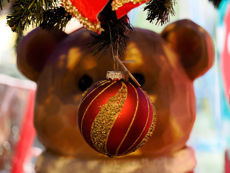 Glass ball Colorful Christmas tree decoration detail close upの写真素材