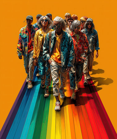 An LGBTQ group of people of different ages, body types, and identities walking to you proudly together while their shadows blending into a single radiant rainbow pathの素材
