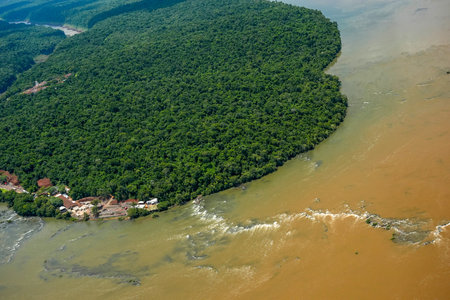 Aerial view Iguazu falls Scenic destination panorama from helicopter tourの写真素材