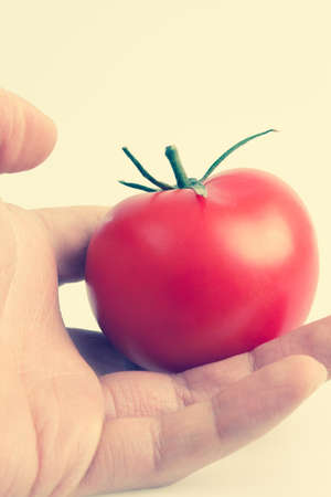 Hand holding a red fresh and juicy tomatoの写真素材