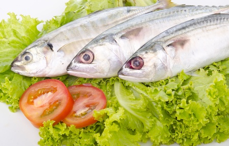 Close up of fish decorated with salad and tomatoの写真素材