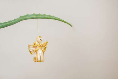 Straw Christmas ornament on aloe branch. Eco concept.の写真素材