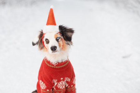 Australian shepherd in Santa hat and Christmas sweater in winter forestの写真素材