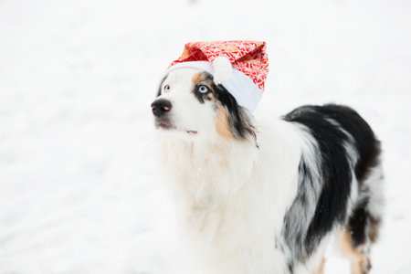 Australian shepherd in Santa hat standing in winter forestの写真素材