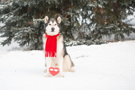 Sitting alaskan malamute in red scarf with heart gift box. Valentine day.