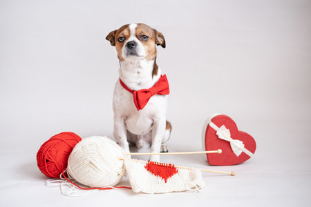 Cute chihuahua dog in red bow tie with knitted heart and gift valentine.の写真素材