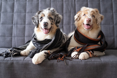 Two Small Australian shepherd puppy dog wearing striped scarfの写真素材