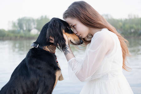attractive young woman holding saluki dogs face near river bank. close up portrait.の写真素材