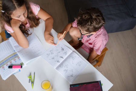 Cute girl and boy with eyeglasses studying at home, make homeworkの写真素材