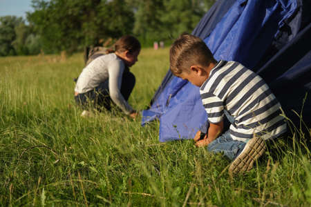 Brother and sister learn to pitch a tentの写真素材