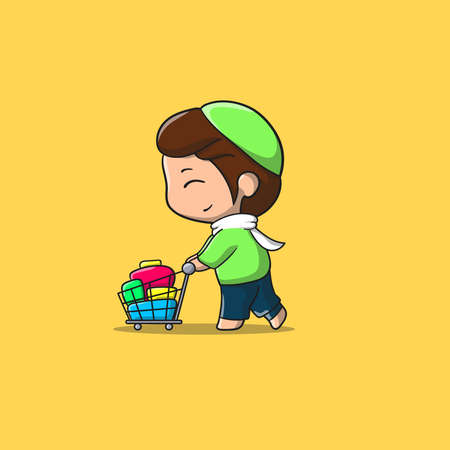 Cartoon Muslim boy pushing cart trolley in vector illustration shopping Icon Concept Isolated Premium Vector. Suitable for Web Landing Page, Banner, Flyer, Sticker, Cardのイラスト素材
