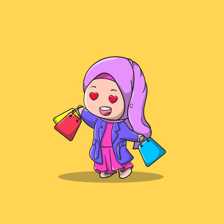 the cute girl brings many shop bag Vector Icon Illustration. shopping Icon Concept Isolated Premium Vector. Flat Cartoon Style.のイラスト素材