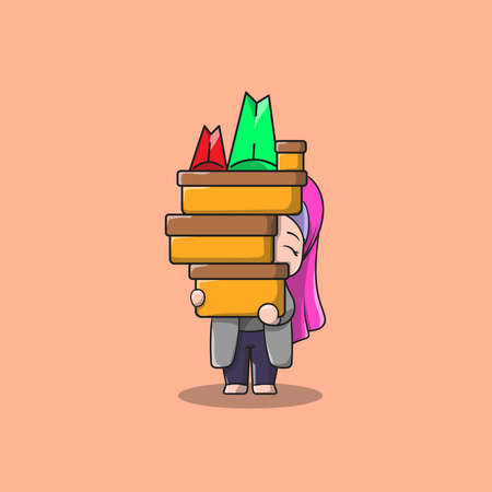 a lot box brings by one girl after shopping Vector Icon Illustration. people Icon Concept Isolated Premium Vector. Flat Cartoon Style and cuteのイラスト素材