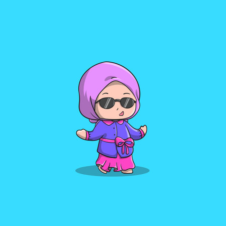 cute Muslim girl using glasses vector icon illustration. People Icon Concept Isolated Premium Vector. Flat Cartoon Styleのイラスト素材