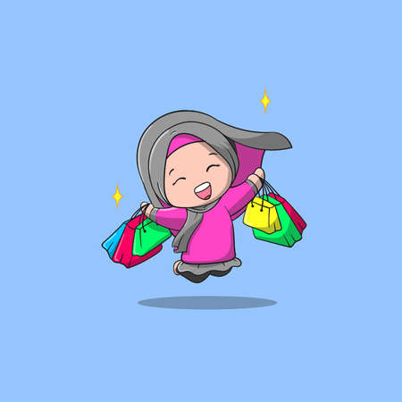 jumping Muslim girl in vector icon illustration with a big smileのイラスト素材