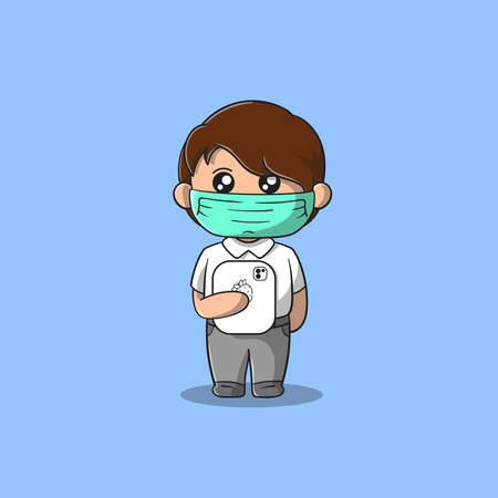 boy bring a tablet get ready back to school vector icon illustration. Flat Cartoon Style Suitable for Web Landing Page, Banner, Flyer, Sticker, Wallpaper, Card, Backgroundのイラスト素材