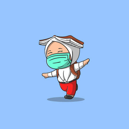 girl wearing a mask and put the book on his head vector icon illustration. Flat Cartoon Style Suitable for Web Landing Page, Banner, Flyer, Sticker, Wallpaper, Card, Backgroundのイラスト素材